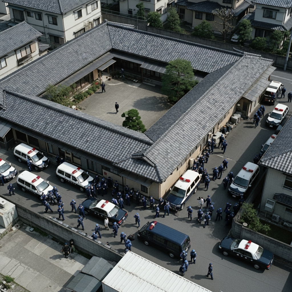 Redada policial en el complejo de Aum Shinrikyo en Kamikuishiki, Japón, vista aérea estilo documental